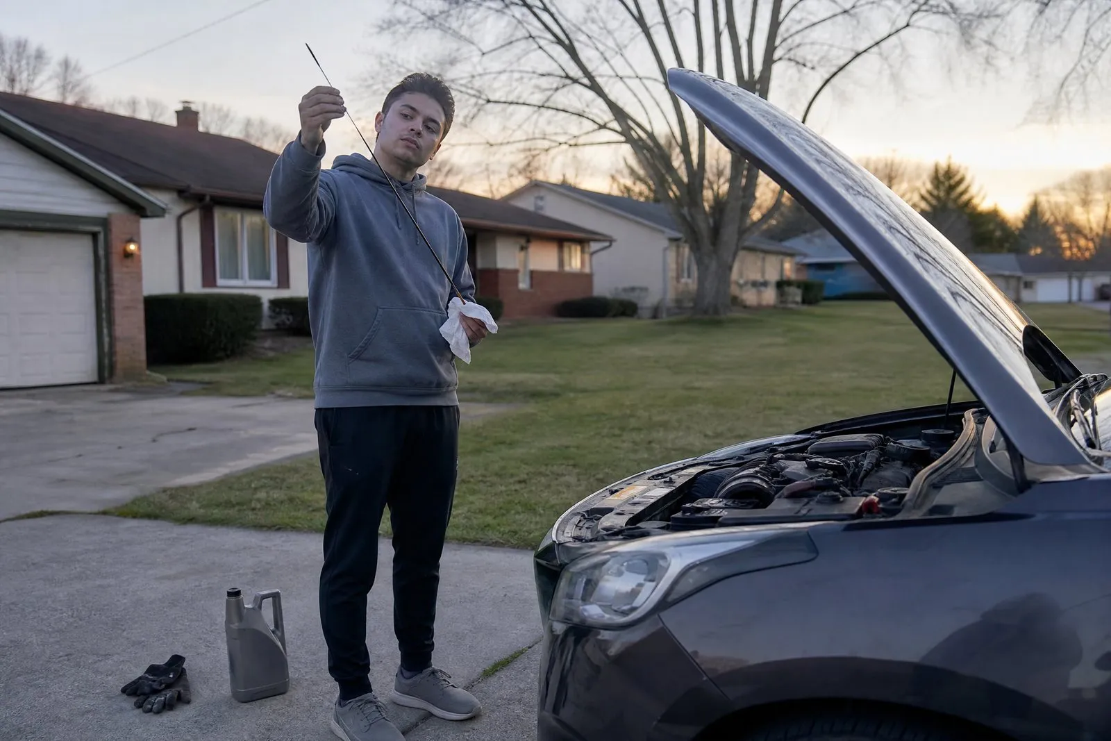 A driver checking the engine oil dipstick under the open hood of a car in a home driveway