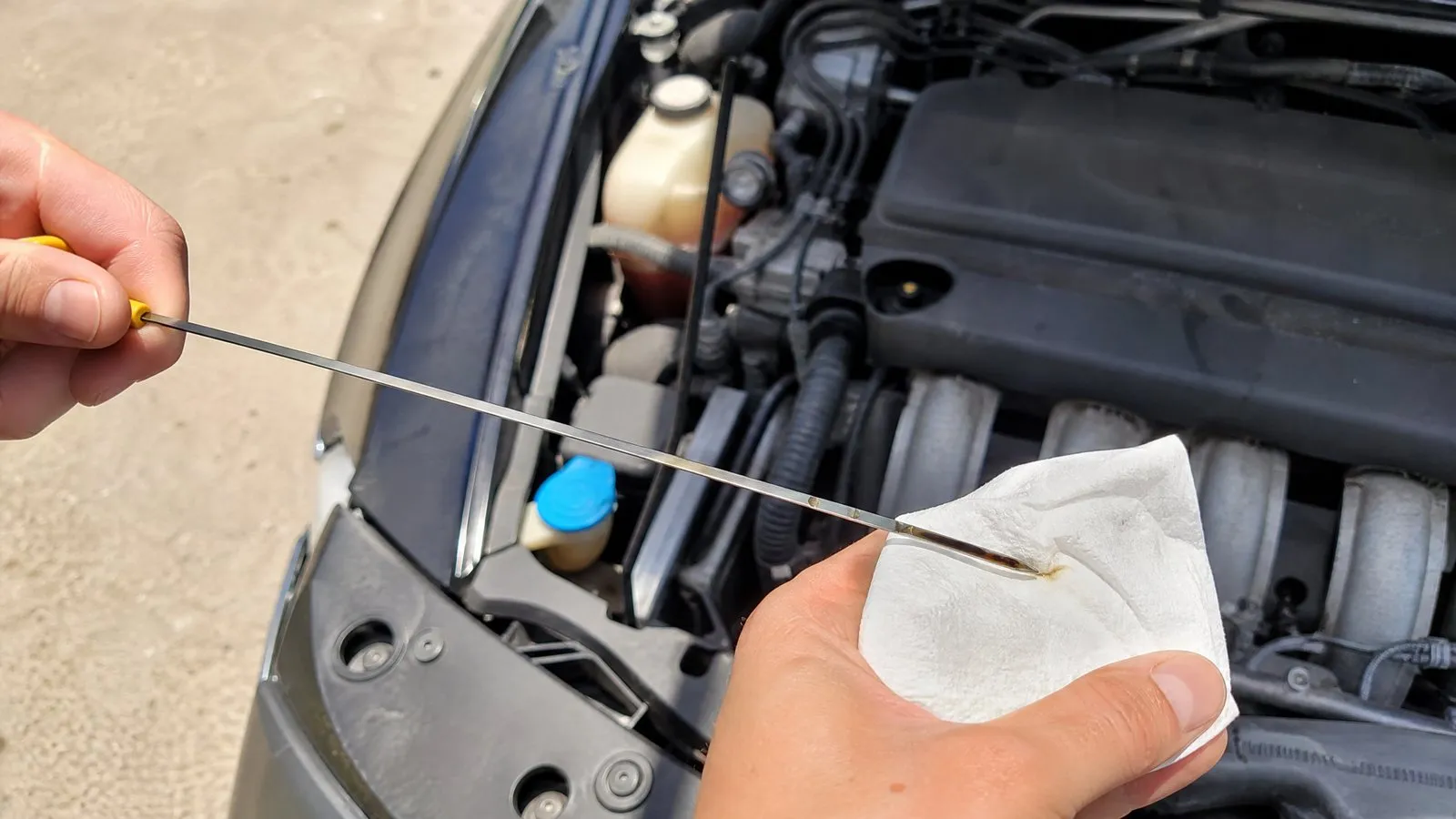 Close-up of an engine bay where one hand holds a freshly pulled dipstick with the oil level clearly visible while the other hand holds a white paper towel, with a typical family car's engine in the background in natural light.