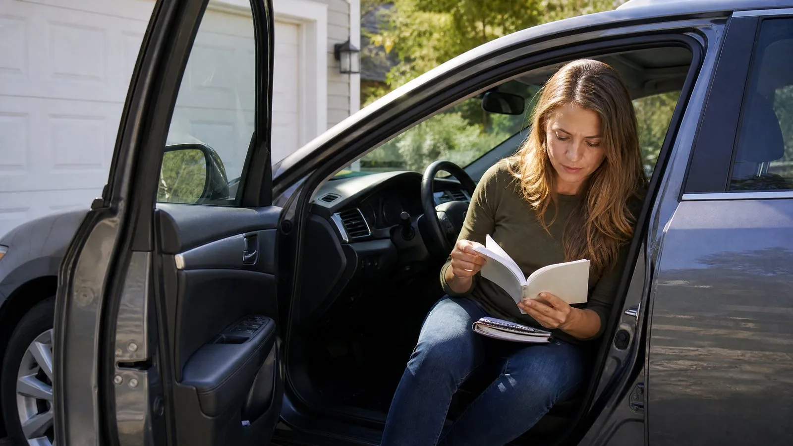 A woman sits in her open driver's-side doorway in a home driveway, reading a plain unmarked vehicle owner's manual with a small notebook on her lap in soft morning light.