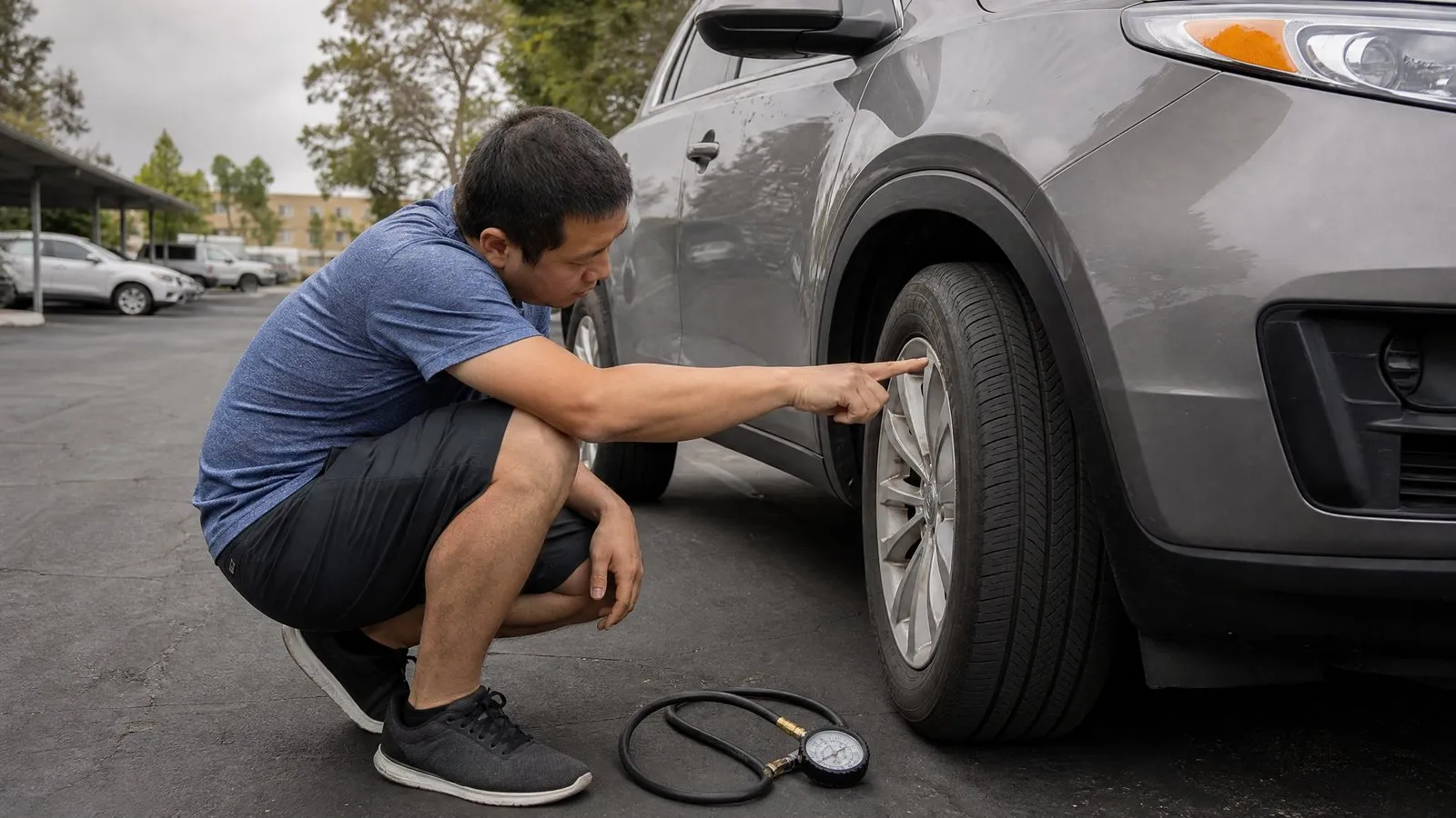 A man crouches beside the front wheel of an ordinary small SUV in an apartment parking lot, checking the tire tread with his fingers, a tire pressure gauge resting on the ground in soft overcast daylight.