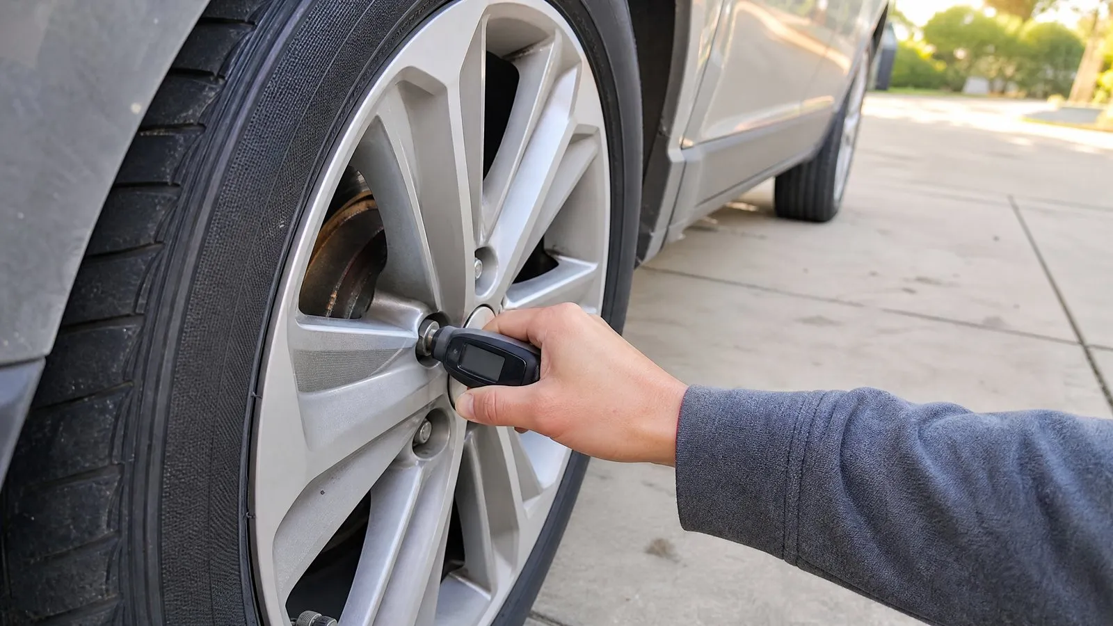 A close-up of a hand pressing a digital tire pressure gauge onto a tire's valve stem in a home driveway at morning light, with the car body and driveway softly blurred in the background.