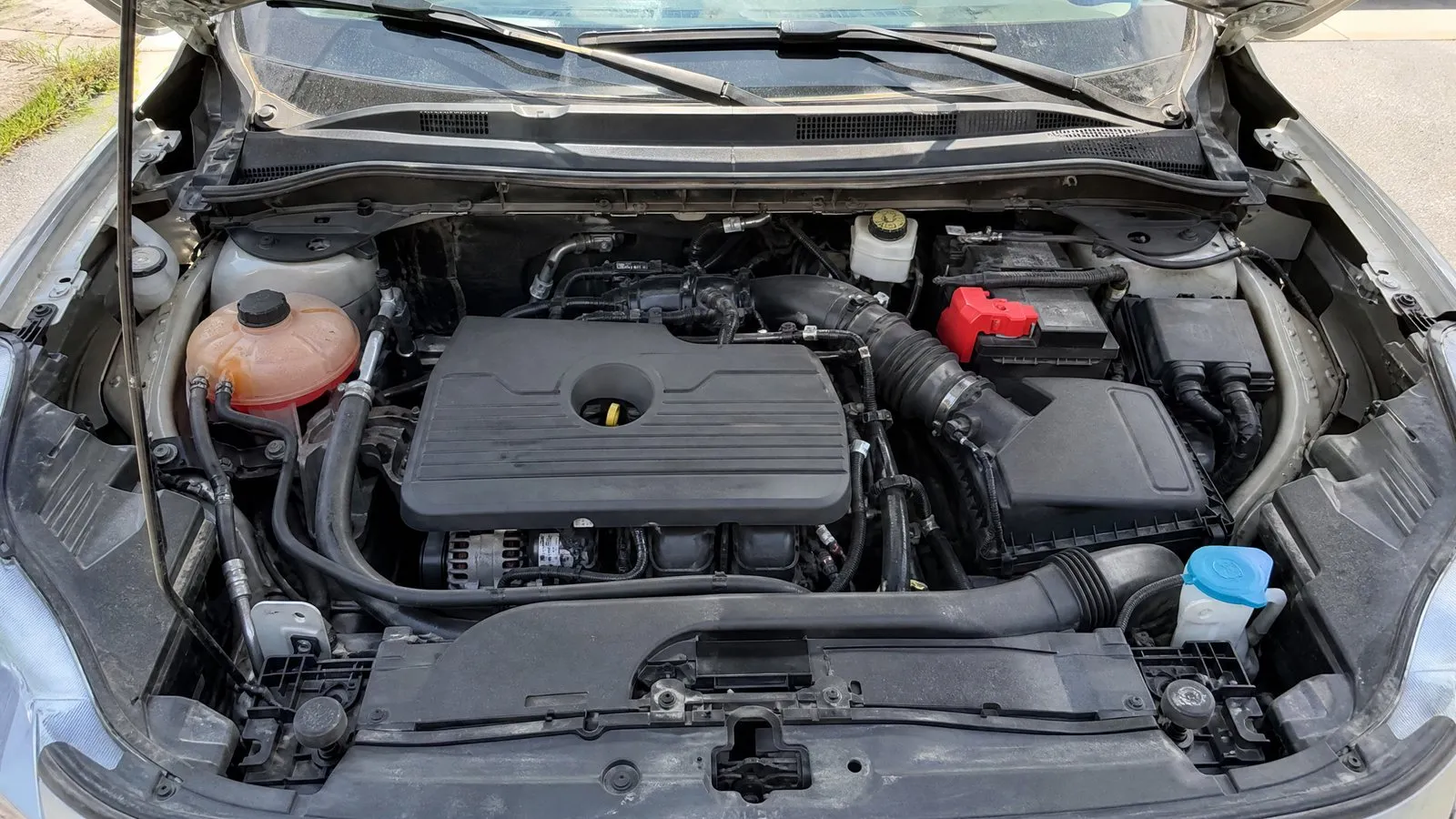 Overhead view of an open engine bay showing several differently colored fluid reservoirs including the oil filler cap, coolant overflow tank, brake fluid reservoir and washer fluid bottle, caps with no readable text, natural light, realistic photography.