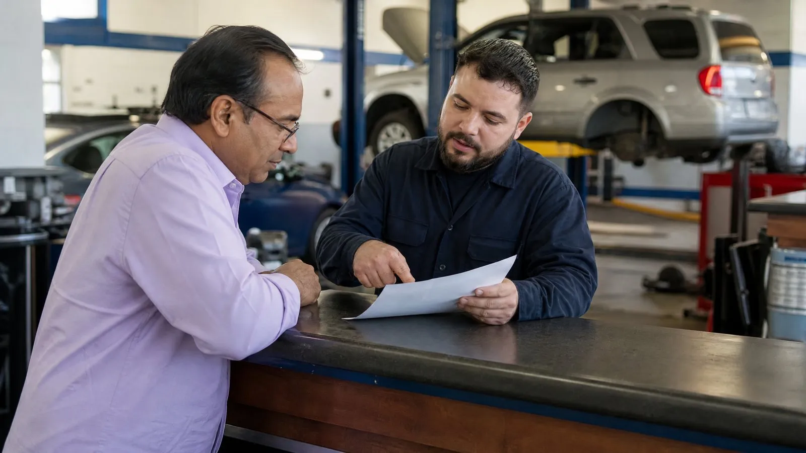 A customer and a technician stand at a repair shop counter looking together at a paper service sheet while the technician points to it, with the workshop and natural light behind them.